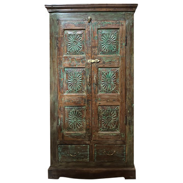 Consigned Antique Green Armoire, Charka Carved Artistic Carved Indian Cabinet