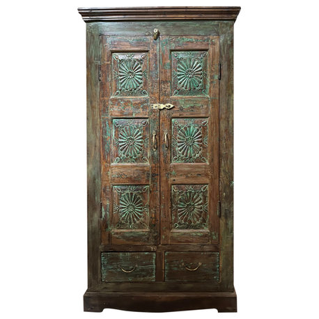 Consigned Antique Green Armoire, Charka Carved Artistic Carved Indian Cabinet