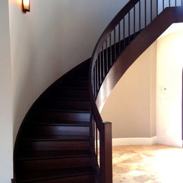 Custom Curved White Oak Staircase, Square Iron Balusters