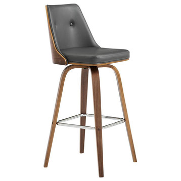 Nolte 30 Swivel Bar Stool in Gray Faux Leather and Walnut Wood