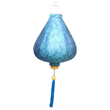 Vietnamese Teardrop Silk Pendant Lantern, Blue, 12"x17", 33" Overall, No Lightin