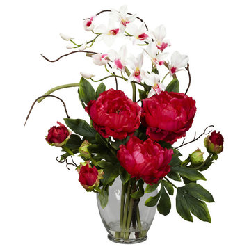 Peony and Orchid Silk Flower Arrangement, Red