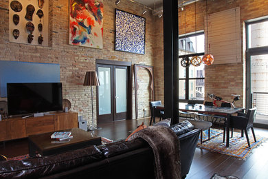 Living room - mid-sized eclectic dark wood floor living room idea in Minneapolis with multicolored walls