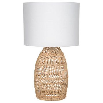 Luhu Open Weave Cane Rib Table Lamp Natural With White Cotton Canvas Shade