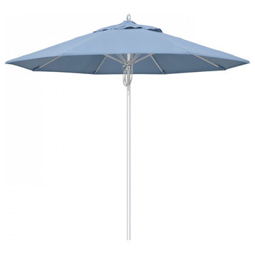 9' Patio Umbrella Silver Pole Fiberglass Rib Pulley Lift Sunbrella, Air Blue