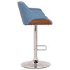 Culver Mid-Century Adjustable Barstool, Chrome, Blue Fabric and Walnut