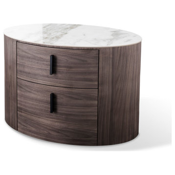 Modrest Fearn White Ceramic and Walnut Oval Nightstand