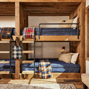 Weathered Antique Built-In Bunks and Antique Skip Oak Flooring in Farmhouse Bunk