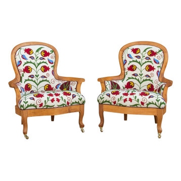 Elegant Suzani Embroidered Bergere Chairs, Pair