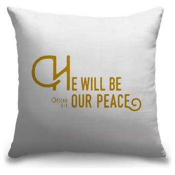 "Micah 5:5 - Scripture Art in Gold and White" Outdoor Pillow 16"x16"