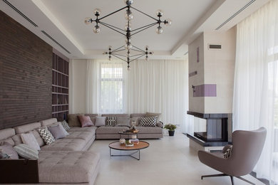 Transitional formal enclosed living room in Moscow with beige walls, a two-sided fireplace, a metal fireplace surround and beige floor.