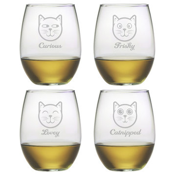 Feline Faces 4-Piece Stemless Wine Glass Set