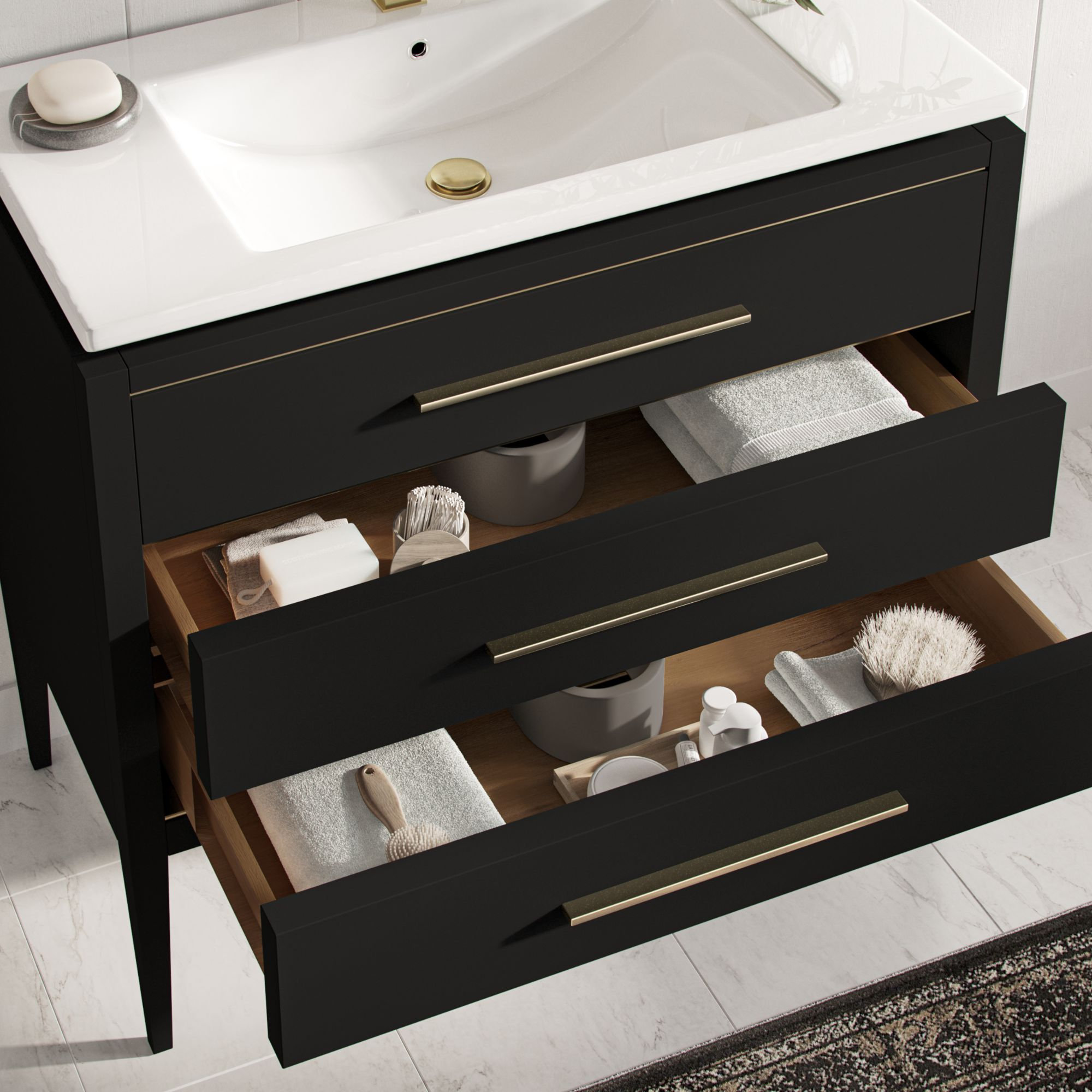 Grace Bathroom Vanity, Black With Brass Trim, 36", Single Sink, Freestanding