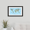 "Animal Map of the World for children, Light Blue" Black Framed Art Print, 32