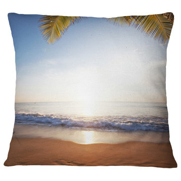 Deserted Beach With Palm Leaves Seashore Throw Pillow, 18"x18"