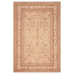Bareens Designer Rugs - Shabby Chic Ziegler Carolynn Tan Brown Hand-Knotted Wool Rug - 6'8'' x 9'2'' - Enhance the ambiance of your home with this magnificent Persian-influenced Turkish hand-knotted rug made by skilled artisans capable of creating the most exceptional vegetable dyes and hand-spun wool. This exquisite handmade rug is a one-of-a-kind Peshawar Kafkaz, otherwise identified as Chobi, Chobi Peshawar, Oushak, or Ziegler rug. These handmade rugs are crafted in Pakistan utilizing superior-quality wool imported from Australia, New Zealand, and Korea in two types of weaves: the Persian weave and the Mori weave. This rug is meticulously crafted by hand using the finest natural vegetable dyes extracted from local plants. The artisans use a blend of hand-spun local and fine merino wool, resulting in a rug with a compelling texture, higher lanolin content, and longer staple. The artisans occasionally incorporate natural or artificial silk into the pile to enhance specific motifs. The finished product is an awe-inspiring execution of flawless design and an understated palette that exudes elegance.