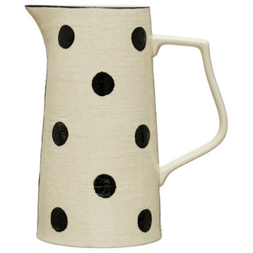 Farmhouse Stoneware Pitcher with Painted Polka Dots, Ivory and Black