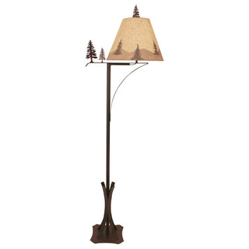 Burnt Sienna Swing Arm Floor Lamp With Trees and Pinecone Silhouette Shade