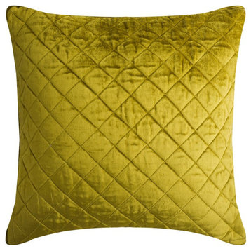 Decorative 16"x16" Quilted Green Velvet Pillow Cover�For Sofa, Lemongrass Soul