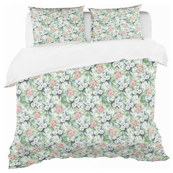 Blue, Purple White Floral Pattern Traditional Duvet Cover, Twin