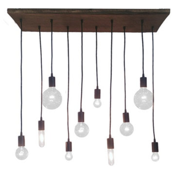 10 Pendant Reclaimed Wood Chandelier, Black, Mixed Clear Bulbs