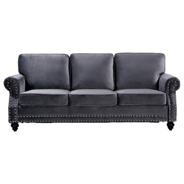 Traditional Sofa, Velvet Seat & Rolled Arms With Nailhead Accents, Slate Gray
