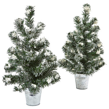 Snowy 18"H Mini Pine Trees With Tin Planters, Green, Set of 2