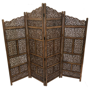 Hand Carved Foldable 4 Panel Wooden Partition Screen/Roomdivider,Brown