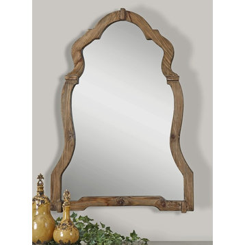 Luxe Rustic Shaped Arch Wood Wall Mirror, Vanity Vintage Style Curved Cottage