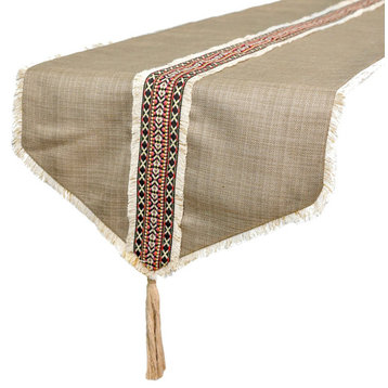Table Runner Beige Linen & Jute 16"x120" Tribal Moroccan Lace & Tassel - Buchra