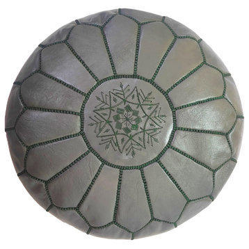 Handmade Moroccan Ottoman, Genuine Leather Pouf, Gray Green