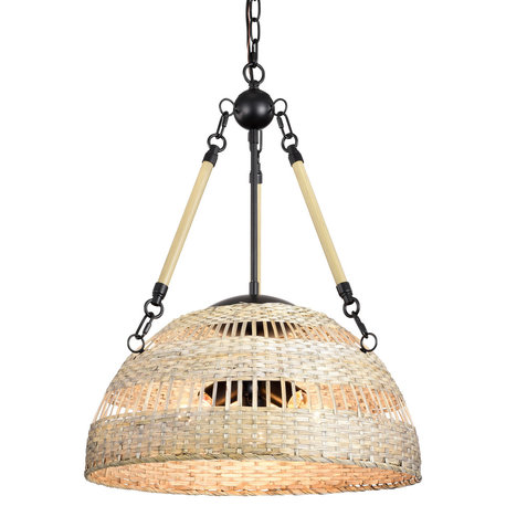 3-Light Black Steel and Antique Silver Bamboo Bowl Chandelier