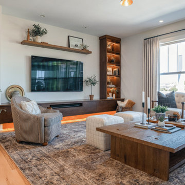 Warm Modern Living Room with Low-Profile Media Console & Built-In Shelf