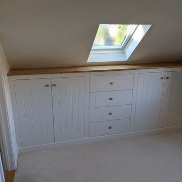 Bespoke Short Bedroom Wardrobe Fitted in Eaves With Oak Worktop