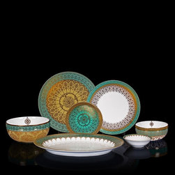 Mersin Blue & White Gold-Lined Dinner Set For 6 - Dinnerware Sets