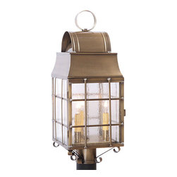Saving Shepherd - Outdoor Colonial Post Lantern With Handmade Bars, Weathered Brass - Post Lights