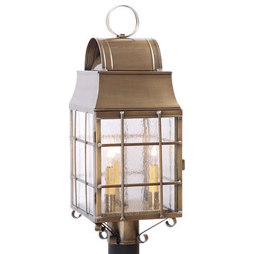 Outdoor Colonial Post Lantern With Handmade Bars, Weathered Brass