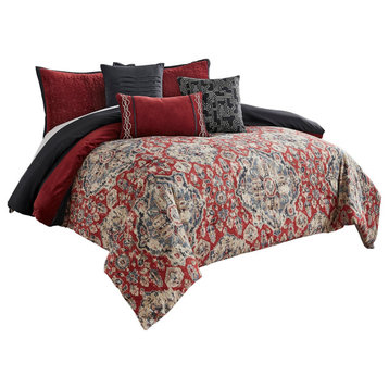 9 Piece Queen Size Comforter Set With Medallion Print, Red And Blue