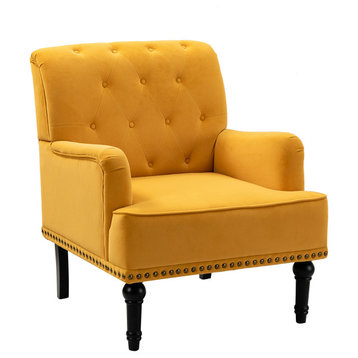 Upholstered Accent Armchair With Nailhead Trim, Mustard