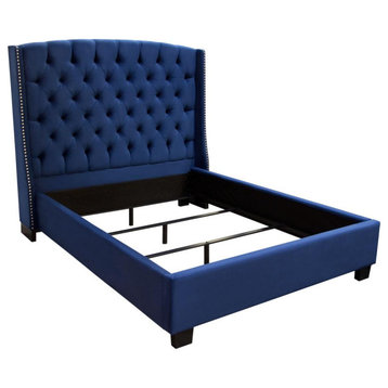 Majestic Eastern King Tufted Bed, Royal Navy Velvet, Nail Head Wing Accents