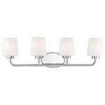 Savoy House - Capra 4-Light Bath Vanity Fixture, Polished Nickel - Add chic style to any bathroom with the Savoy House Capra 4-light bath bar. Its substantial structure features classic details along with white opal glassshades that are tapered like lamp shades and open at the top to give off a flattering glow. The large oval-shaped backplate helps to cover up any holes left behind from replacing old bath bars too. Plus the hardware for this fixture has been thoughtfully moved to the side of the backplate allowing for a crisp and clean look. Finished in polished nickel. This fixture is 31" wide and 9" tall. It extends 6.5" from the wall. Uses 4 standard size bulbs of up to 60 watts each (not included).