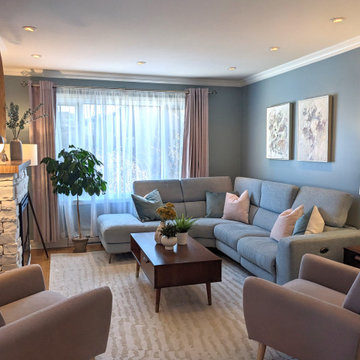 Living room in serene pastels in Anjou, Quebec