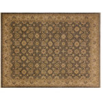 Bareens Designer Rugs - Classic Ziegler Ming Gray Brown Hand-Knotted Wool Rug - 8'1'' x 10'2'' - Enhance the ambiance of your home with this magnificent Persian-influenced Turkish hand-knotted rug made by skilled artisans capable of creating the most exceptional vegetable dyes and hand-spun wool. This exquisite handmade rug is a one-of-a-kind Peshawar Kafkaz, otherwise identified as Chobi, Chobi Peshawar, Oushak, or Ziegler rug. These handmade rugs are crafted in Pakistan utilizing superior-quality wool imported from Australia, New Zealand, and Korea in two types of weaves: the Persian weave and the Mori weave. This rug is meticulously crafted by hand using the finest natural vegetable dyes extracted from local plants. The artisans use a blend of hand-spun local and fine merino wool, resulting in a rug with a compelling texture, higher lanolin content, and longer staple. The artisans occasionally incorporate natural or artificial silk into the pile to enhance specific motifs. The finished product is an awe-inspiring execution of flawless design and an understated palette that exudes elegance.