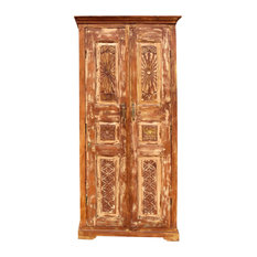 Consigned Rustic Armoire, Floral Carved Cabinet, Natural Reclaimed Wood