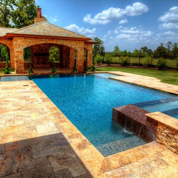 Rectangular Pool 4 with multiple linear waterfalls, landscape, and structure