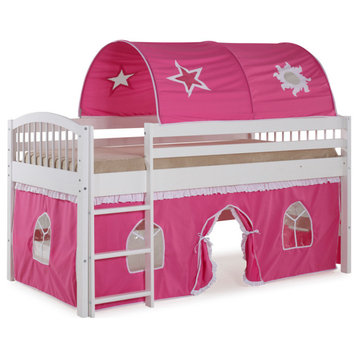 Addison White Wood Junior Loft Bed, Pink and White Tent and Playhouse, White