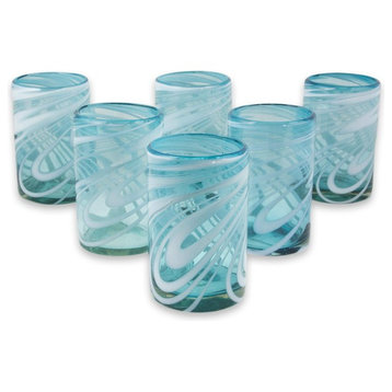 Whirling Aquamarine, Set of 6 Blown Glass Water Glasses, Mexico