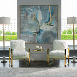 Uttermost - Uttermost Meditation Modern Art - Evoking A Mid-century Modern Style, This Hand Painted Abstract On Canvas Makes A Bold Statement. Bright Blue Shades Are Complimented By Wide, White And Gray Brushstrokes And Bright Gold Leaf Accents. A Petite, Gold Gallery Frame Surrounds The Canvas, Which Has Been Stretched And Applied To A Wooden Frame. Due To The Handcrafted Nature Of This Artwork, Each Piece May Have Subtle Differences. This Piece May Be Hung Horizontal Or Vertical.