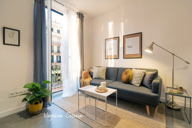 Foto de salón para visitas tipo loft escandinavo pequeño con paredes blancas, suelo de cemento y suelo gris