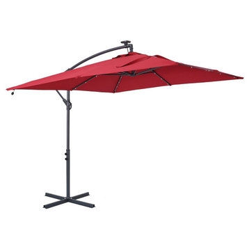 8.5Ft Square 32 LED Solar Cantilever Patio Umbrella Outdoor Hanging Tilt Red
